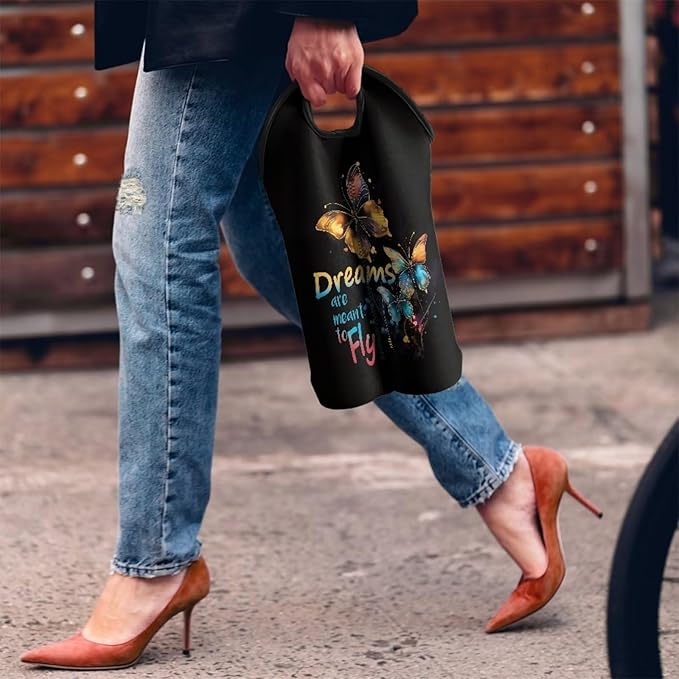 doginthehole Butterfly 2 Bottle Wine Tote Carrier Cooler Bag Insulated Wine Bag Water Bottle Holder Neoprene Pouch for Travel Picnic Party, Dreams Are Meant to Fly Drsign