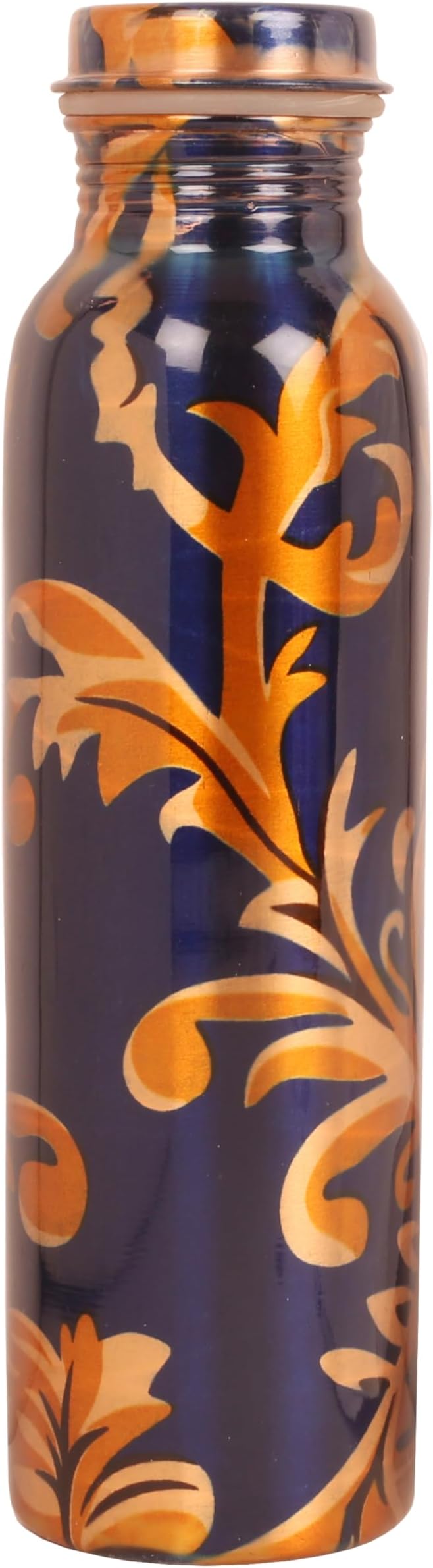 Pure Copper Water Bottle - Handcrafted - Ayurveda health benefits - Large 35 oz - Leak proof - Easy to carry for Sports, Fitness, Yoga, School - Royal Blue Base Floral Golden Vines Enamel