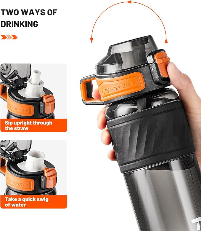 TKK 20oz Sports Water Bottles with Removable Straw Durable BPA Free Tritan Bottles Leak-Proof Water Bottles for School, Fitness, Gym, Outdoor, Black