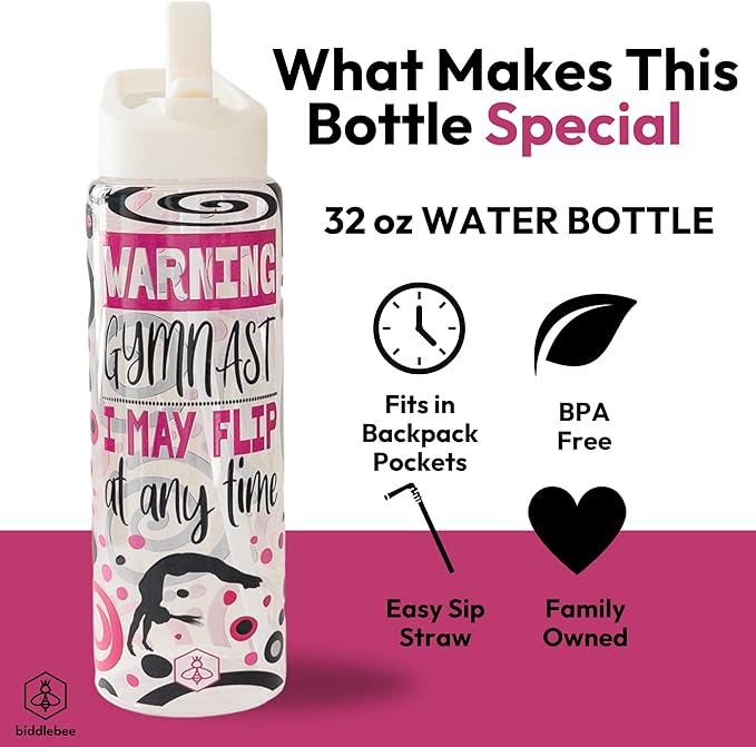 32oz Cheerleader Water Bottle with Straw Lid | BPA-Free Reusable Bottles for Cheerleaders, Cheer Team or Cheerleading Coach | Great Gifts for Girls, Coaches (Warning Gymnast)