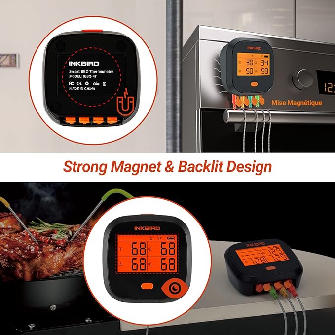 Inkbird WiFi Grill Thermometer IBBQ-4T & Instant Read Thermometer IHT-1P & Carrying Case, Meat Thermometer for Oven, Smoker, Cooking with Alarm Timer Graph, Rechargeable 4 Colorful Probes