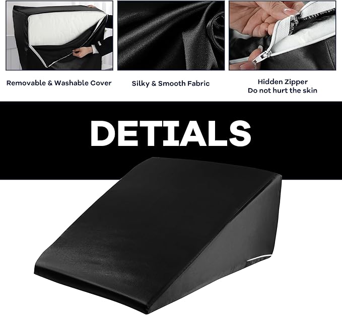 HOMBYS Satin Bed Wedge Pillow Cover Silky & Smooth Wedge Pillowcase 1 Pack 24x24x12, Soft & Breathable, Removable & Machine Washable-Zipper Design (Pillow Not Include), Black