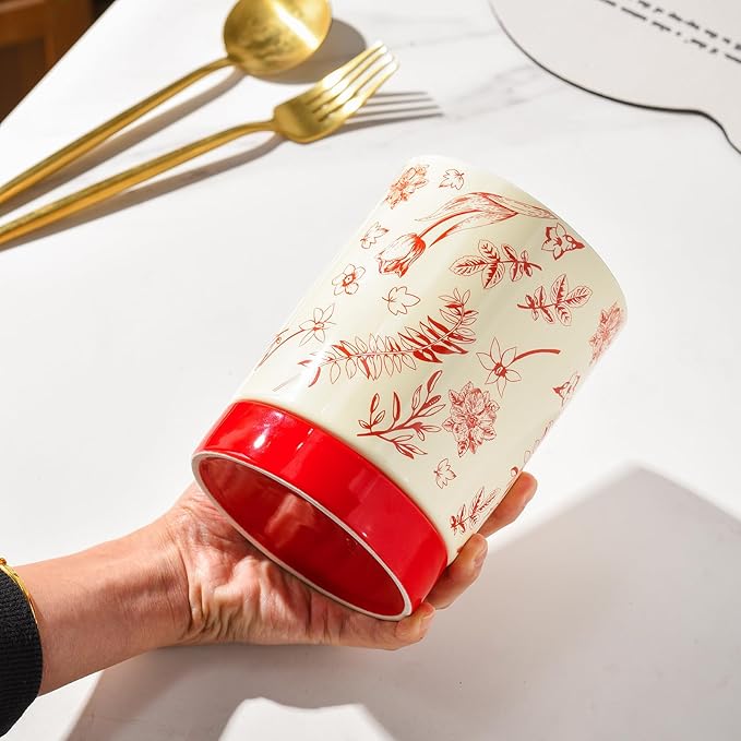 Small Utensil Holder for Kitchen Counter H5.9 x W4.1”, Ceramic Floral Cooking Utensil Crocks Countertop Organizer with Flowers