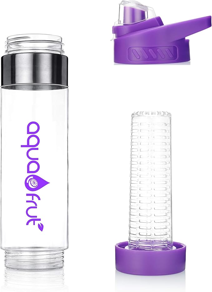 NEW AquaFrut Bottom Loading Fruit Infuser Water Bottle - BPA Free Tritan Plastic - Leak Proof - 24 OZ - Infusion Recipe eBook (Purple)
