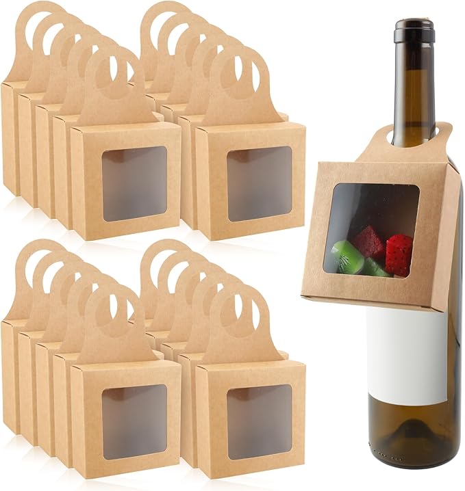 Sibba 20Count Kraft Paper Wine Bottle Box with Window Handles Hanging Foldable Gift Wine Sets Folding Kraft Bags for Kitchen Christmas Dining Engagement