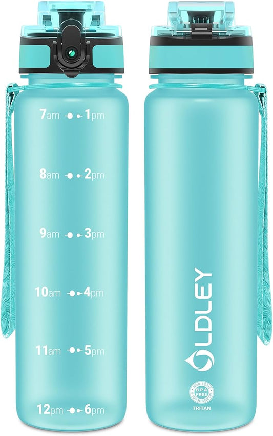OLDLEY 32 oz Water Bottle, Motivational Water Bottle with Time Marker, Sports Water Bottle With Strap, Leakproof & BPA Free Large Water Bottles for School, Gym, Travel, Outdoor, Tritan,Green