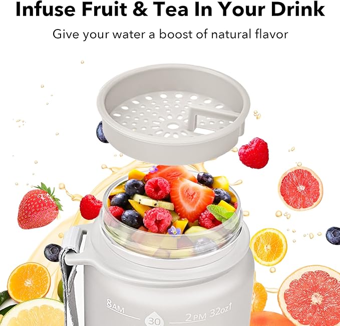 GOSWAG 32oz Motivational Water Bottles with Time Marker and Fruit Strainer, Sports Water Bottle with Times to Drink, Leakproof, Reusable Plastic Bottle with Strap no Straw for Gym, School