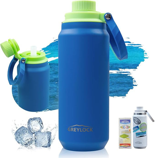 Greylock 20 oz Water Bottle Insulated with Straw Lid, Reusable Metal Water Bottle Stainless Steel with Carry Handle for Travel,Sports, BPA-Free Leak Proof When Closed, Cold for 24 Hours (Blue)