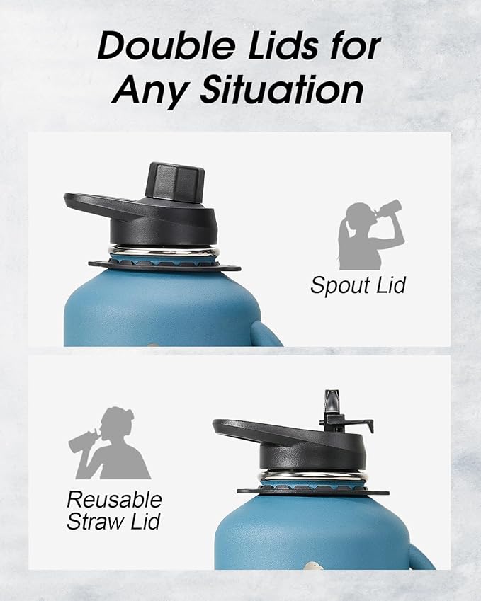 64 oz Water Bottle Insulated with Handle, Coolflask Half Gallon Water Jug With Strap Straw Stainless Steel Double-Walled Vacuum Metal Large Flask Leakproof, Keep Cold 48 Hrs Hot 24hrs, Prussian Blue