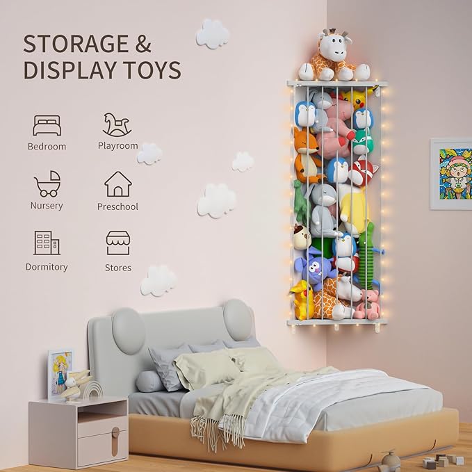 Stuffed Animal Storage Toy Organizer: Corner Stuff Animals Holder for Wall with LED Light - Kids Plush Toys Storage with Adjustable Length for Nursery Playroom Bedroom Kids Room(Gray)