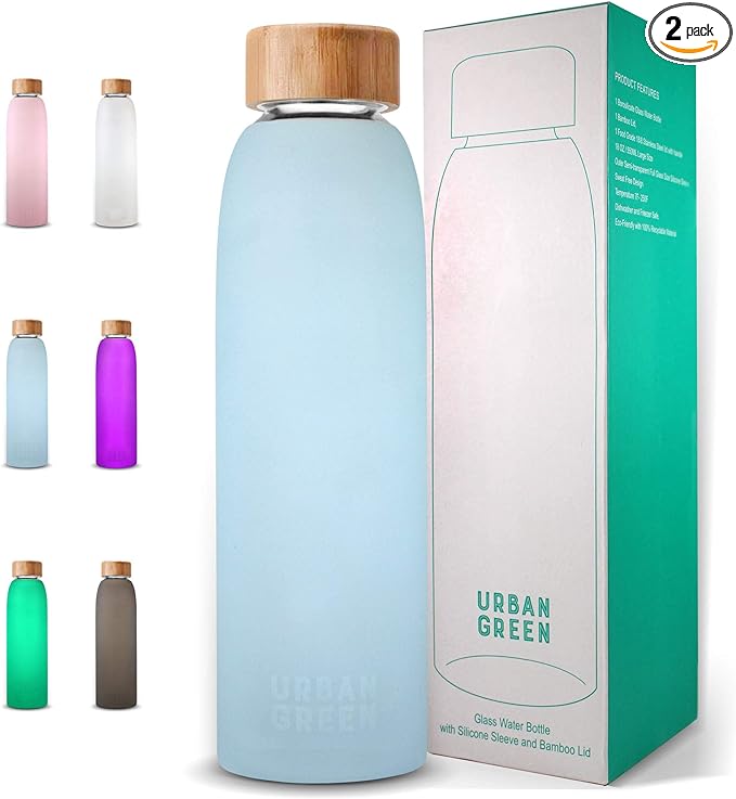 Urban Green Glass Water Bottle with Protective Silicone Sleeve and Bamboo Lid, 18oz, 1extra 304 Stainless Steel Lid with Handle, BPA Free, Dishwasher Safe, Gift Box, Mother's Day Gift