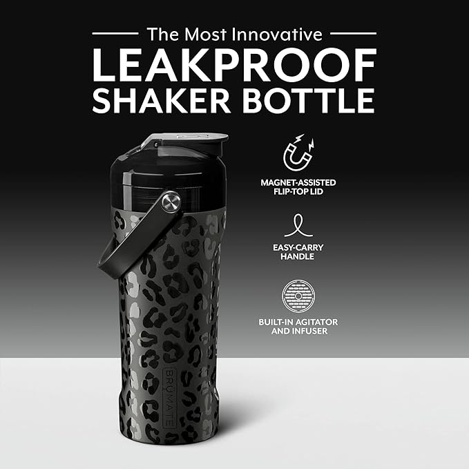 BrüMate MultiShaker Blender Shaker Bottle | 100% Leakproof Insulated Stainless Steel Shaker Bottle | Protein Shaker Bottle, and Pre Workout Bottle for the Gym | 26oz (Onyx Leopard)