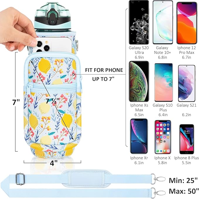 Fimibuke 32 oz Water Bottle with Sleeve - BPA Free Leakproof Sport Large 1L Plastic Motivational Water Bottle with Straw Strap & Insulated Neoprene Holder Carrier Bag Great Xmas Gift for Women Men