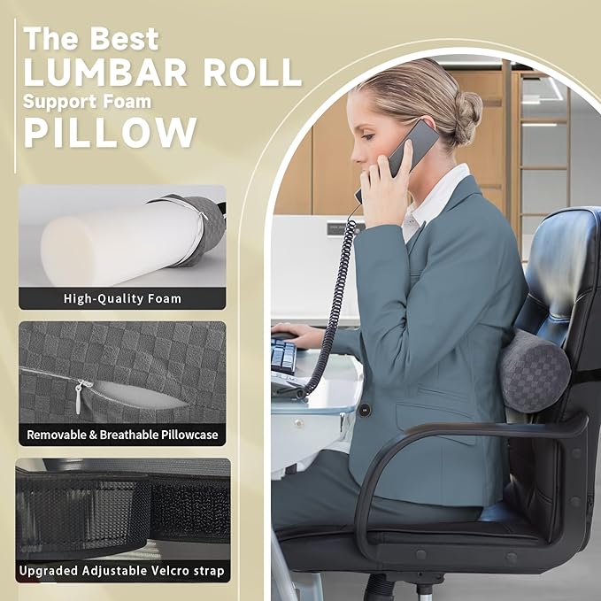 Lumbar Roll Pillow for Lower Back, Lumbar Support Foam Roll Cushion with Pillowcase and Upgraded Strap for Office, Chair, Car, Seat Pain Relief & Improving Posture (Light Grey, Short-11*4.3'')