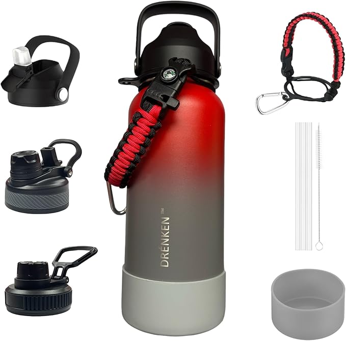 Water Bottle, Insulated water bottle, Stainless steel water bottle for kids men women Sports water bottle 32 oz Water bottle with straw Insulated Flask (Gradient Red/Gray)