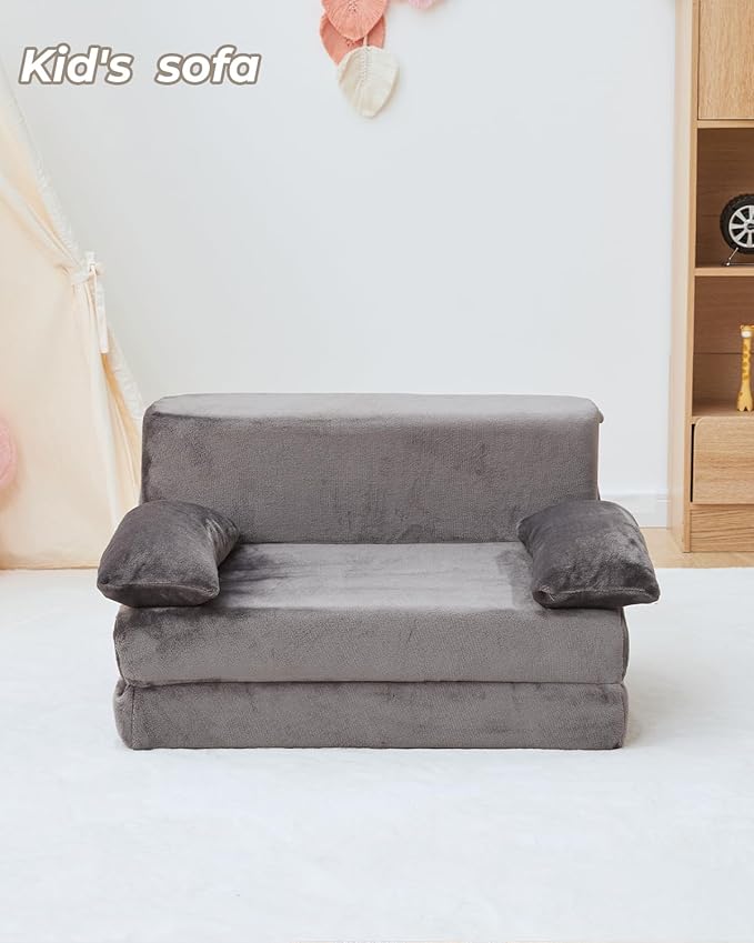 Weighted Idea 2-in-1 Kids Sofa Couch Fold Out for Girls and Boys, Folding Toddler Chairs Comfy Children Couch Baby Recliner, Convertible Sofa to Lounger for Reading Sleeping (Grey, 23.5x18x16 inches)