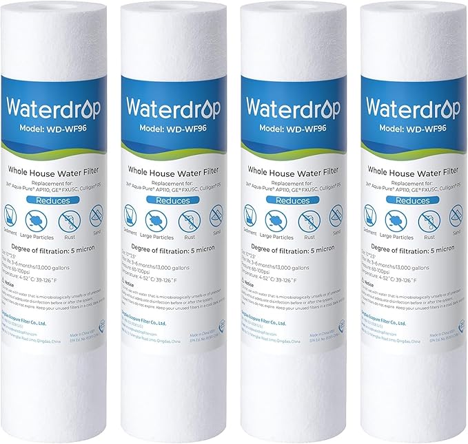 Watedrop 5 Micron Water Filter 10" x 2.5" Whole House Water Filter Replacement Cartridge, Sediment Water Filter Replacement for Any 10 inch RO Unit, Aqua-Pure® AP110, Culligan® P5, WHKF-GD05, 4 Pack