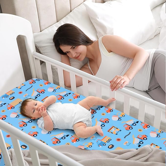 JISEN Baby Crib Sheets Soft Breathable Fitted Crib Sheets Baby Sheet for Standard Crib and Toddler Mattress Baby Bed Sheets for Crib for Baby Boys Girls Neutral 52x28 Inch Blue Trucks
