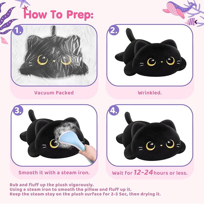 Cute Cat Plush Pillow, Kawaii Plushies Black Cat Stuffed Animals, Squishy Plushies, Cuddle Plush Pillow for Boys & Girls
