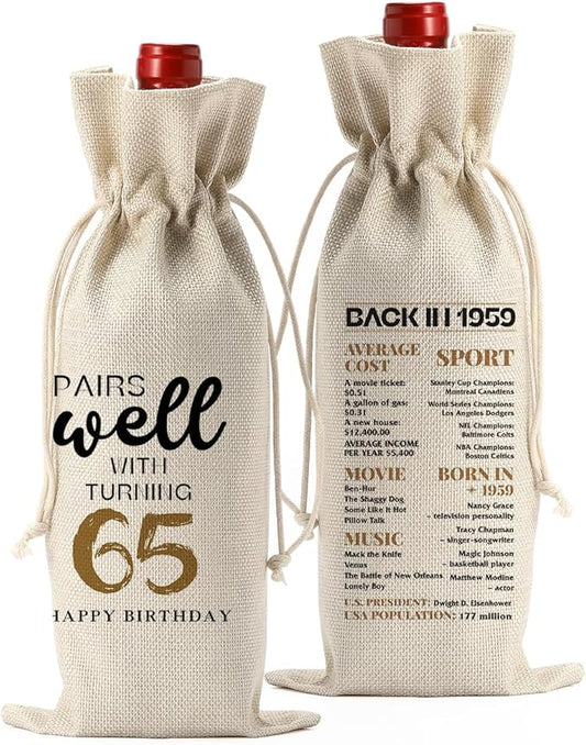 65th Birthday Gifts for Women Men, Gifts for 65 Year Old Man Grandparents Wine Gift Bag, Wine Accessories Gifts Anniversary 65th Birthday Decorations Wine Bag Wine Bags for Wine Bottles Gifts