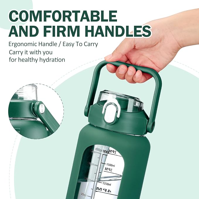 kytffu 64oz Glass Water Bottles with Straw, Half Gallon Motivational Glass Bottle with Silicone Sleeve and Time Marker, 2L Leakproof Large Glass Water Jug for Gym Home Office, Ink Green