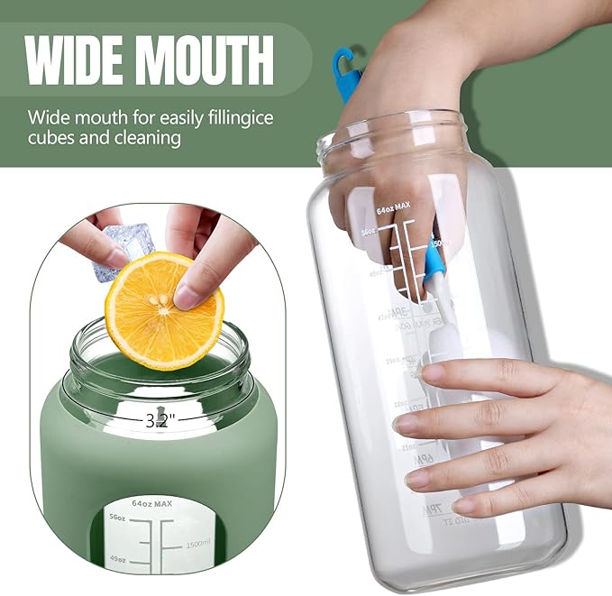 MUKOKO 64oz Glass Water Bottles with Straw, Half Gallon Water Bottle with Time Marker, Motivational Water Bottle with Silicone Sleeves,Large Glass Water Bottle for Gym,Working,Outdoor,Olive