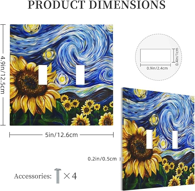Vintage Abstract Blue Starry Sunflower Double Toggle Light Switch Covers 2 Gang Wall Plate Dual Decorative Switchplate Electrical Faceplate for Farmhouse Country Bedroom Decor