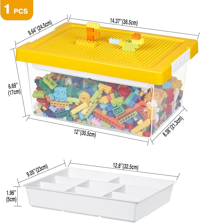 loobuu Plastic Storage Bins with Lids - 1 Set Stackable Arts Crafts Organizer Box with Removable Divided Tray &Compatible Building Baseplate,Toy Chest Containers for Bricks-Yellow(14.37"x9.64"x6.69")