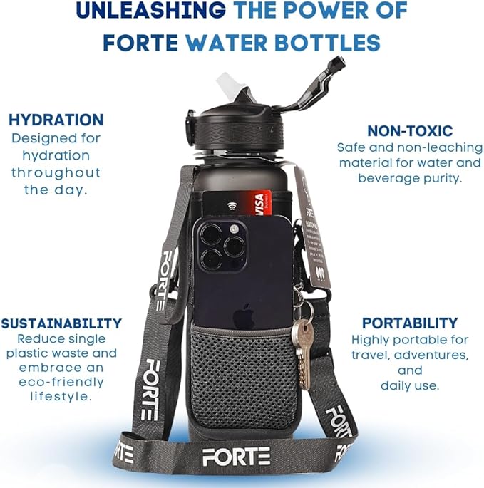 FORTE Plastic Water Bottle with Sleeve - BPA-Free Water Jug with Leak Proof Lid and Straw - Perfect for Gym, Office, and Everyday Use (Grey)