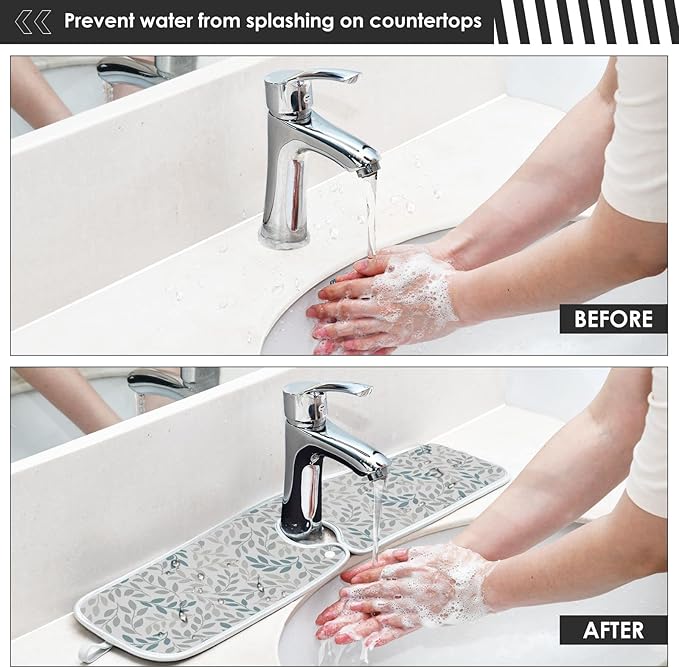 Gray and Blue Leaves Branches Faucet Water Catcher Mat 2 Pack Botanical Herbs Flowers Drying Mat Absorbent Bathroom Faucet Handle Drip Catcher Tray Bar RV Kitchen Sink Splash Guard 30x5 Inches