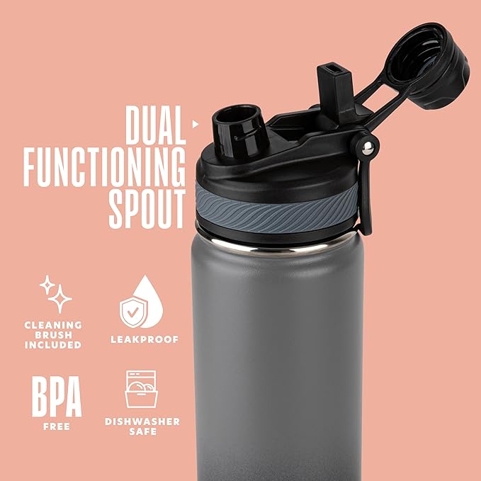 Insulated Water Bottle with Straw and Handle 22 oz-Stainless Steel Water Bottles with Straw, Dual Cap Function & Sleeve, Keeps Drinks Hot Up to 12 Hours & Cold Up to 24 Hours (Rock)