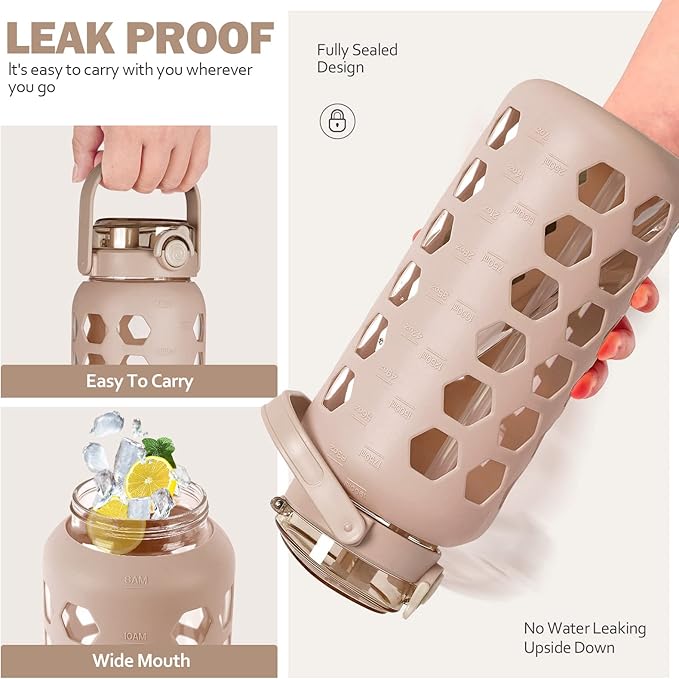 MUKOKO Half Gallon/64 oz Glass Water Bottles with Straw and Lid,Motivational Water Jug with Time Marker Reminder and Silicone Sleeve,100% Leakproof BPA Free Fitness Sports Large Bottle-Amber