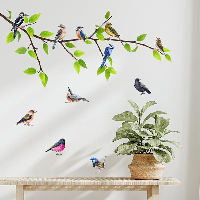 Hummingbird on The Tree Branch Wall Sticker, Colorful Birds Green Tree Decals, Removable Green Leaf and Flying Bird DIY Art Wall Decal for Garden Living Room Bedroom Kitchen Nursery Room