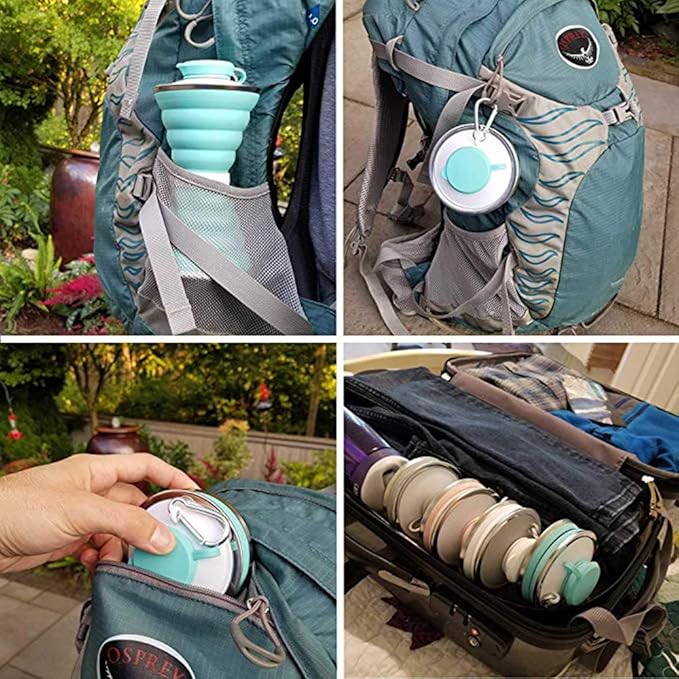 Collapsible Water Bottle, Camping Cup With Carabiner, Reuseable Silicone Foldable Leak Proof Portable Sports Travel Water Bottles For Outdoor, Travel Gym Hiking, BPA Free, Cycling Cups with Carabiner