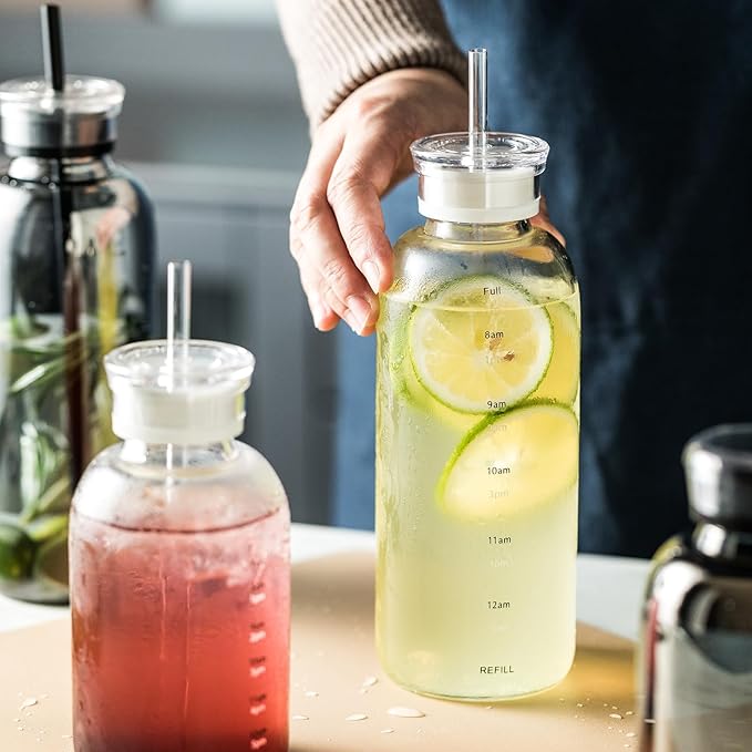 Glass water bottle With Time Marker -24oz with 2 caps and straw,Reusable Glass Drinking Bottles，Suitable For Drinks, Juices, Sodas, Coke, As Gifts Etc (Smoky 24oz*2pcs)