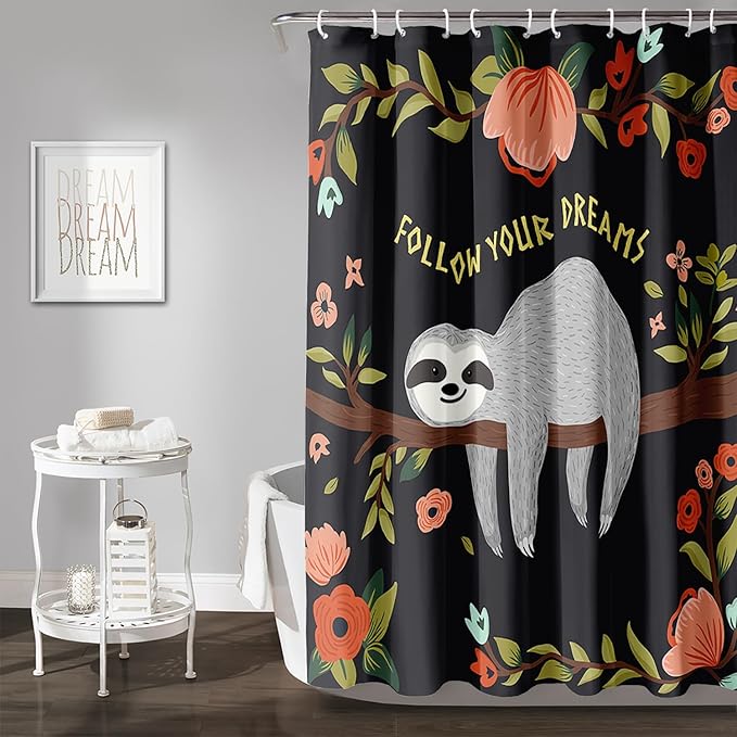 AILONEN Kawaii Sloth Shower Curtain for Bathroom Decor,Floral Sloth Bath Curtain for Kids Boys Girls,Polyester Waterproof 72" W*72" H with 12 Plastic Hooks