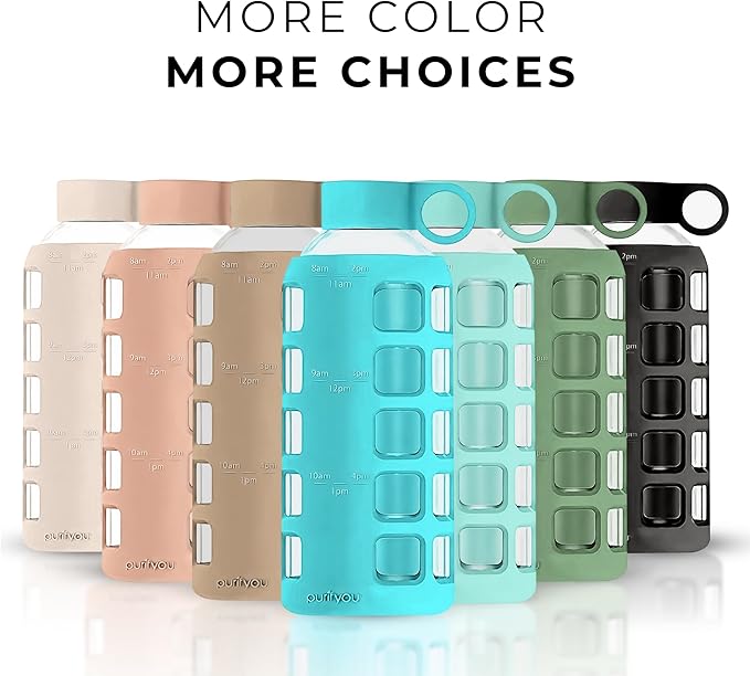 purifyou Premium 40/32 / 22/12 oz Glass Water Bottles with Times to Drink and Volume, Silicone Sleeve & Stainless Steel Lid Insert, Reusable for Fridge Water, Milk, Fruit Juice (Aqua Blue, 22 oz)