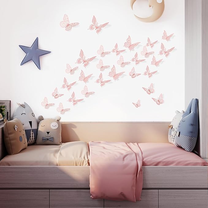 SAOROPEB 3D Butterfly Wall Decor 48 Pcs 4 Styles 3 Sizes, Pink Butterfly Birthday Decorations Pink Room Decor Butterfly Party Decorations Cake Decorations, Removable Wall Stickers (Pink)