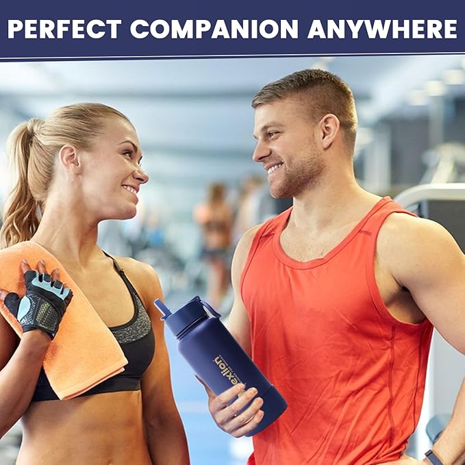 Water Bottle 32oz, Triple Walled Insulated Stainless Steel Reusable Bottle, Silicone Sleeve, Cleaning Brush, 2 Lids (Spout lid & Straw lid w/2 straw), Metal Mug Gallon, BPA Free, Twilight Blue