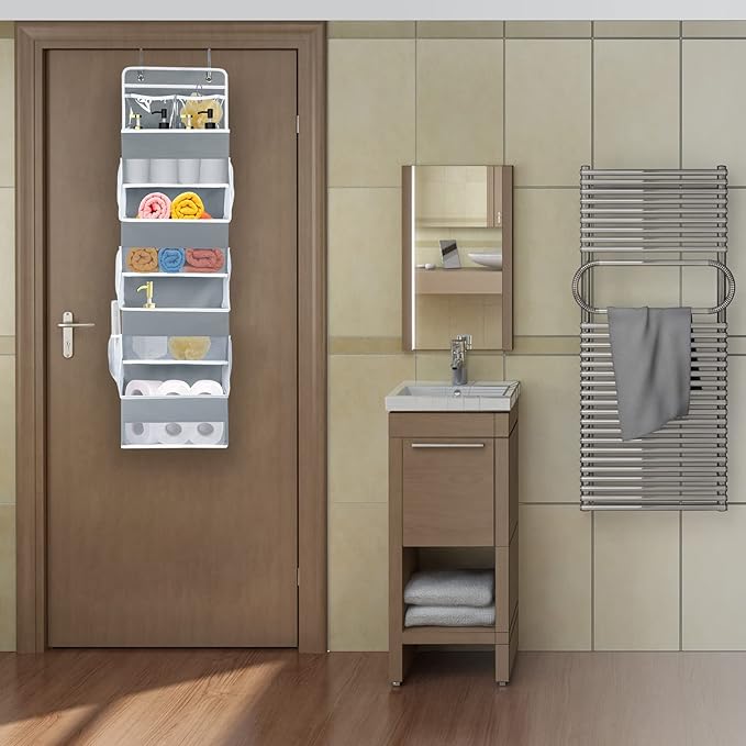 Univivi Over the Door Organizer, 5 Shelf Door Hanging Organizer Nursery Door Storage with 4 Large Compartments and 2 Small PVC Pockets 6 Side Pockets for Bathroom,Cosmetics and Nursery Baby Essential