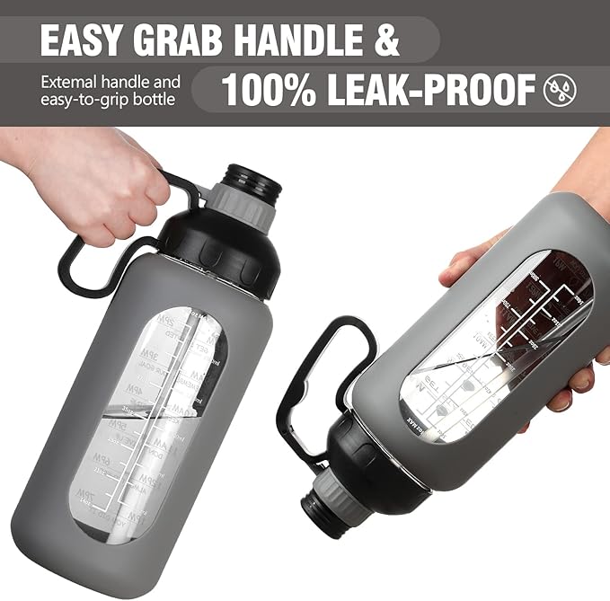 MUKOKO 64oz Glass Water Bottles with Straw, Half Gallon Water Bottle with Time Marker, Motivational Water Bottle with Silicone Sleeves,Large Glass Water Bottle for Gym,Working,Outdoor,Grey