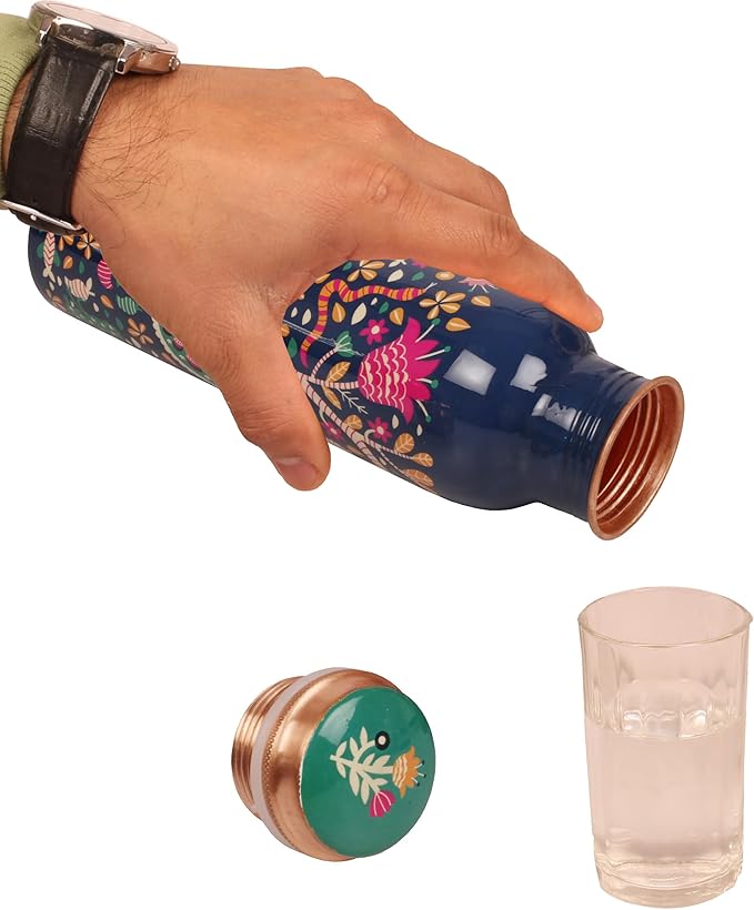 Pure Copper Water Bottle - Handcrafted - Ayurveda Health Benefits -Floral Animals Printed 35 OZ - Leak proof - Easy to carry For Sports, Fitness, Yoga, School - Vintage Enamel.