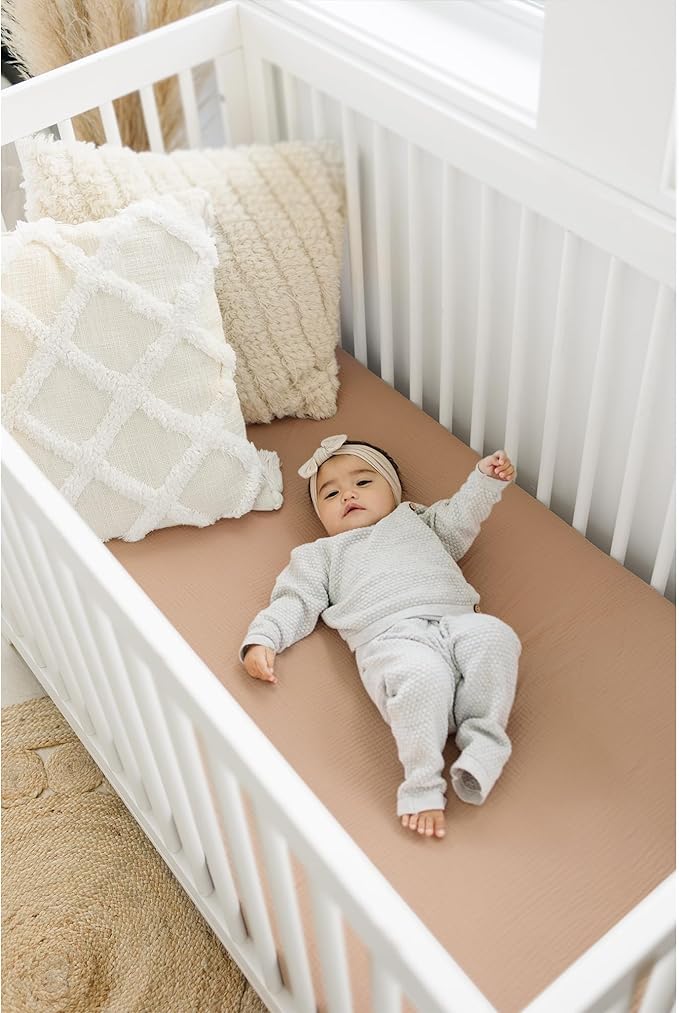 Konssy Muslin Fitted Crib Sheets 100% Cotton Baby Crib Sheets for Standard Crib Mattress (28 X 52 Inches), Soft and Breathable for Boys Girls (Toffee)