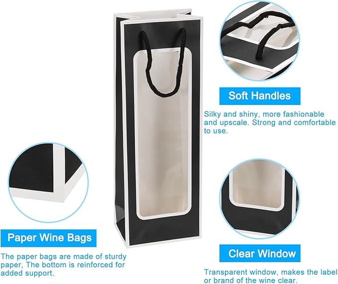 uxcell Wine Bags, 12pcs 4.92"x3.35"x14.2" Wine Gift Bags with Rope Handles, Paper Wine Tote Bag with Clear Window for Wedding Birthday Christmas Party Supplies, Black White