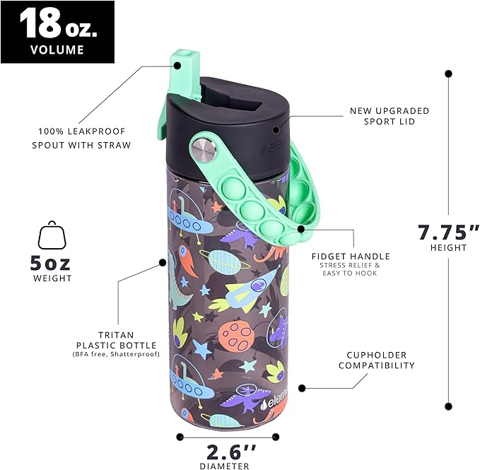 Elemental Leak Proof Water Bottles for Kids - Splash Kids Water Bottle for School with Fun Fidget Pop-it Handle - BPA Free Tritan Plastic Reusable Water Bottle with Straw - Space Dinosaur - 18oz