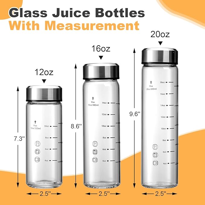 SIEROZUR Juice Bottles - 6 Pack Wide Mouth Glass Bottles with Lids - for Juicing, Smoothies, Infused Water, Beverage Storage - 20oz, BPA Free, Stainless Steel Lids, Leakproof, Reusable, Borosilicate