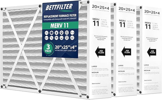 20x25x4 AC Furnace Air Filter Compatible with Honeywell FC100A1037, MERV 11 HAVC Filter Replacement, Actual Size:19.94" x 24.86" x 4.38", Pack of 3