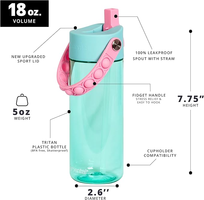 Elemental Leak Proof Water Bottles for Kids - Splash Kids Water Bottle for School with Fun Fidget Pop-it Handle - Tritan Plastic Water Bottle with Straw - Pink Unicorn & Robins Egg - 18oz (2 Pack)