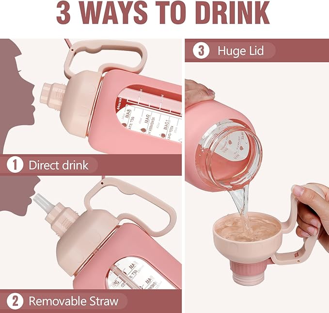 MUKOKO 64oz Glass Water Bottles with Straw, Half Gallon Water Bottle with Time Marker, Motivational Water Bottle with Silicone Sleeves,Large Glass Water Bottle for Gym,Working,Outdoor,Pink