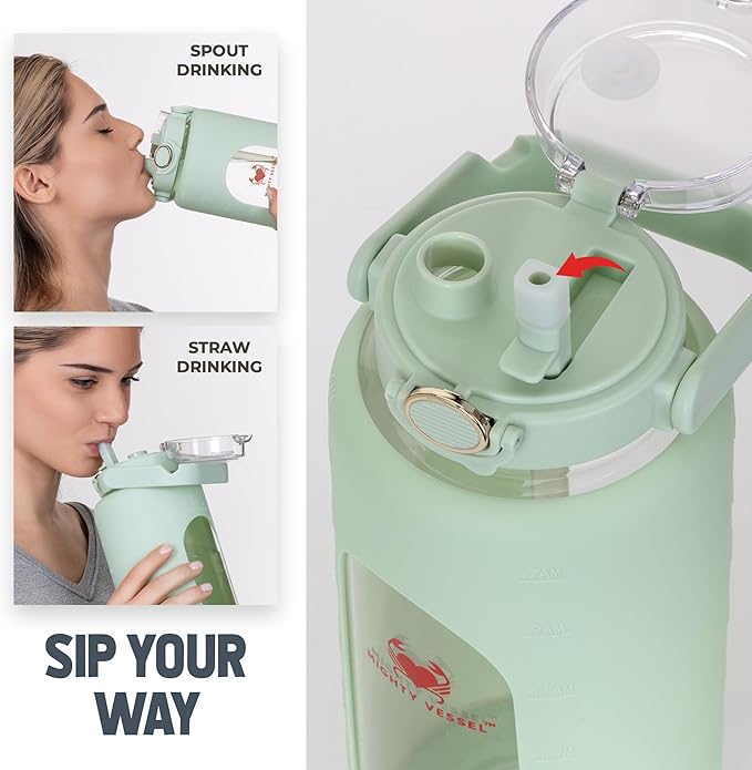 Leakproof 64 oz glass water bottle with Time Markers - Green Large Water Bottle with Measurements - Pregnancy Water Bottle Tracker - Half Gallon Water Bottle with Straw, 2 liter Water Bottle Glass